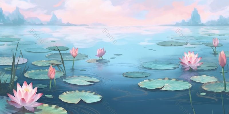 唯美中国风荷花绽放在池塘里水彩淡雅插画背景,插画/手绘图,插画/手绘图库,插画/手绘图下载,插画/手绘